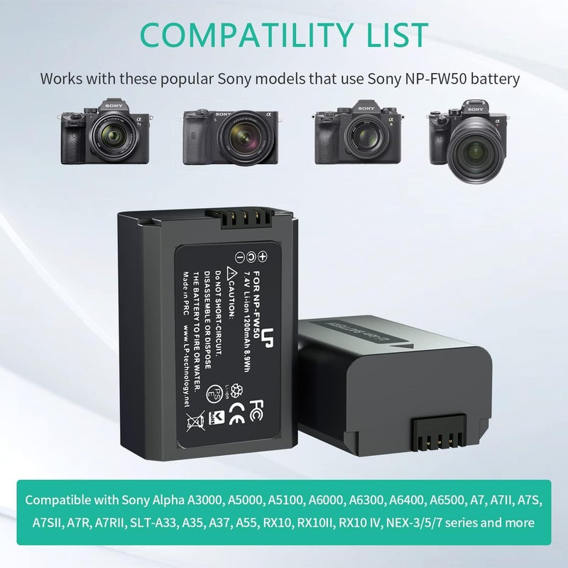 L & P NP-FW50 Battery Charger Pack, 3-Pack 1200mAh Battery & Triple Slot Charger for Alpha A5000, A5100, A6000, A6100, A6300, A6400, A6500, A7, A7II, A7R, A7RII, A7S, A7SII, RX10, RX10III, RX10IV, EV-10 - Image 2